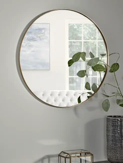 Antique Brass Slim Frame Round Mirror