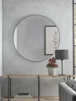Black Slim Frame Round Mirror - Large