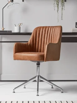 Fluted Leather Swivel Chair - Tan