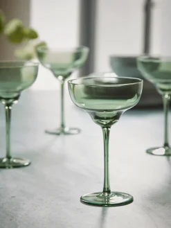 Four Olive Glass Champagne Coupes