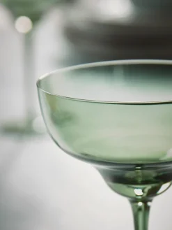 Four Olive Glass Champagne Coupes