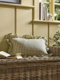 Gingham Ruffle Rectangular Cushion - Sage