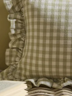 Gingham Ruffle Rectangular Cushion - Sage