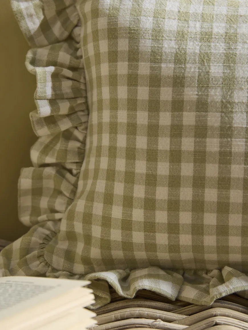 Gingham Ruffle Rectangular Cushion - Sage