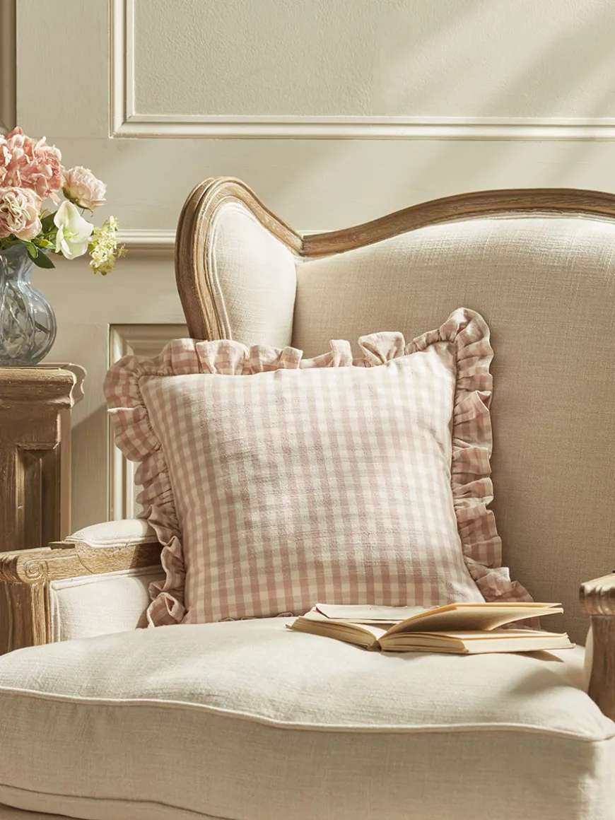 Gingham Ruffle Square Cushion - Blush