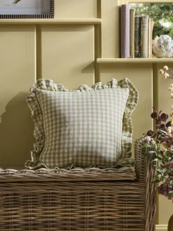 Gingham Ruffle Square Cushion - Sage