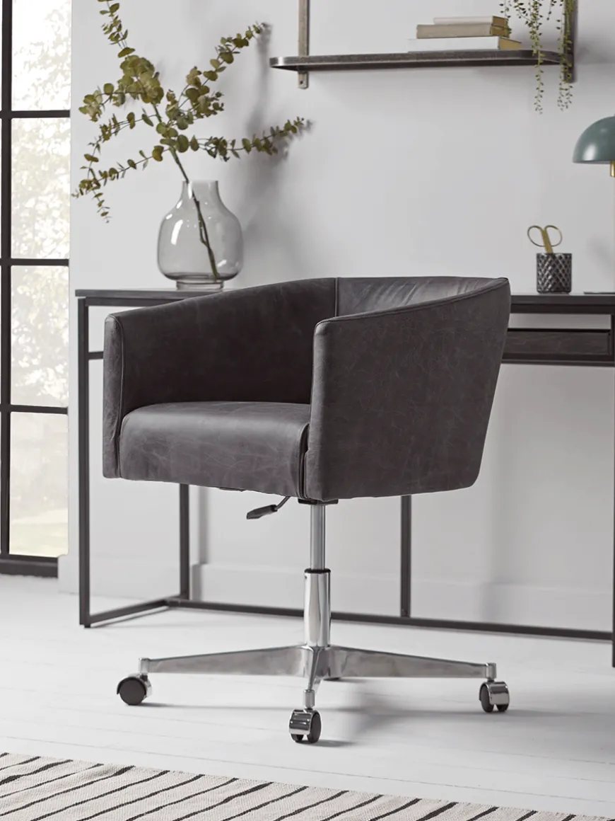 Leather Wheeled Tub Chair - Vintage Black