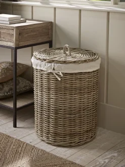 Lined Rattan Laundry Basket - Round