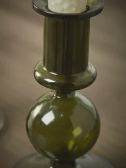 Olive Glass Dinner Candle Holder - Small