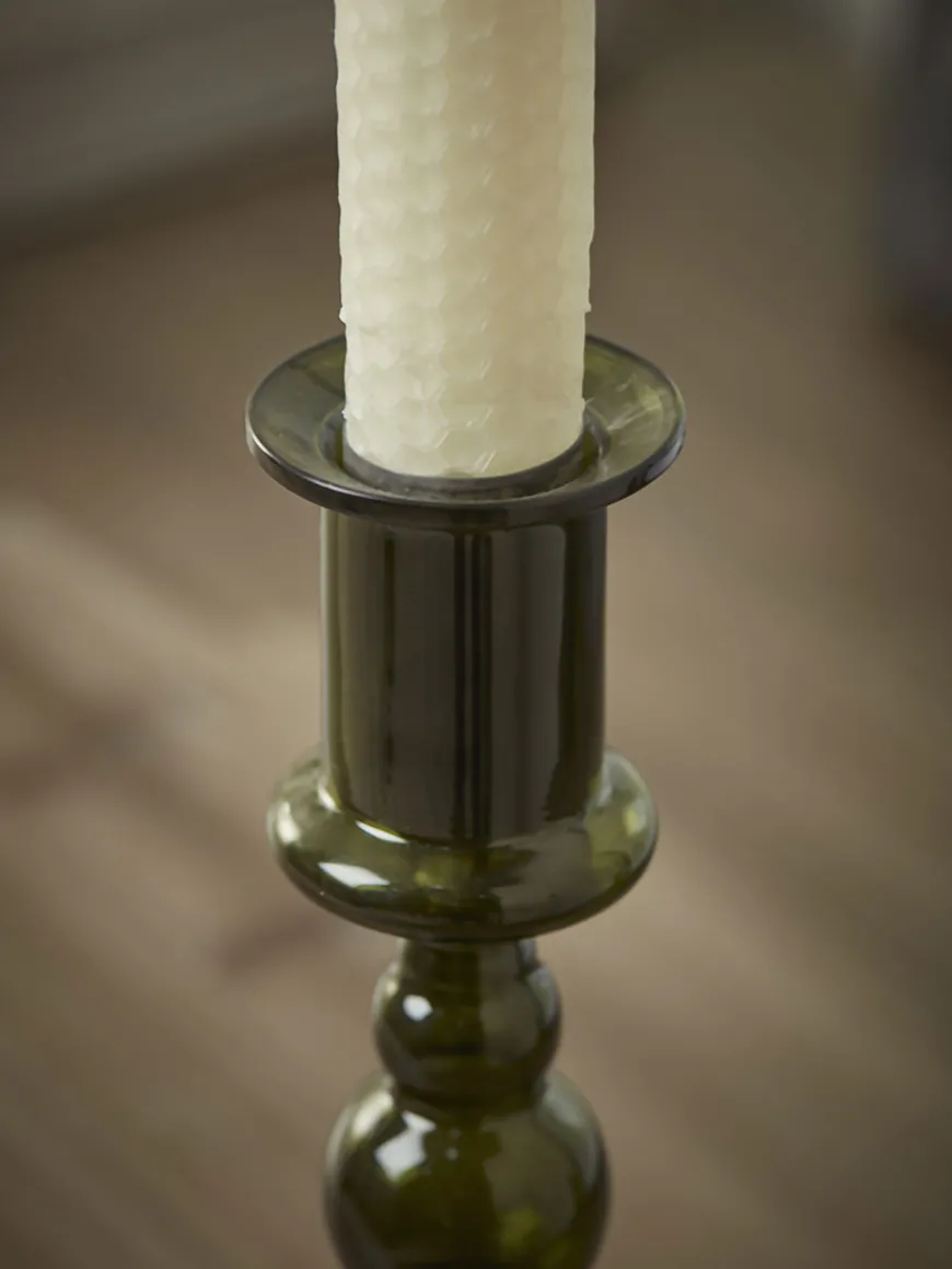 Olive Glass Dinner Candle Holder - Large