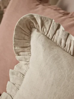 Ruffle Cotton Linen Square Cushion - Natural