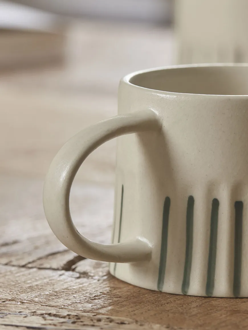 Two Fluted Striped Mugs - Olive