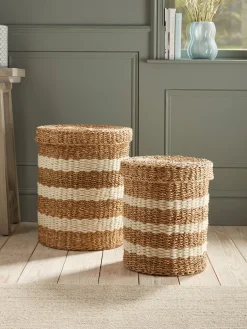 Two Woven Striped Lidded Storage Baskets