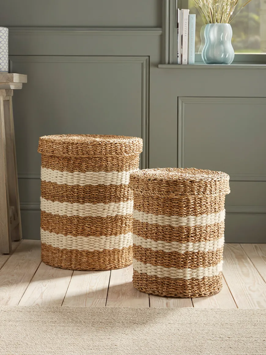 Two Woven Striped Lidded Storage Baskets