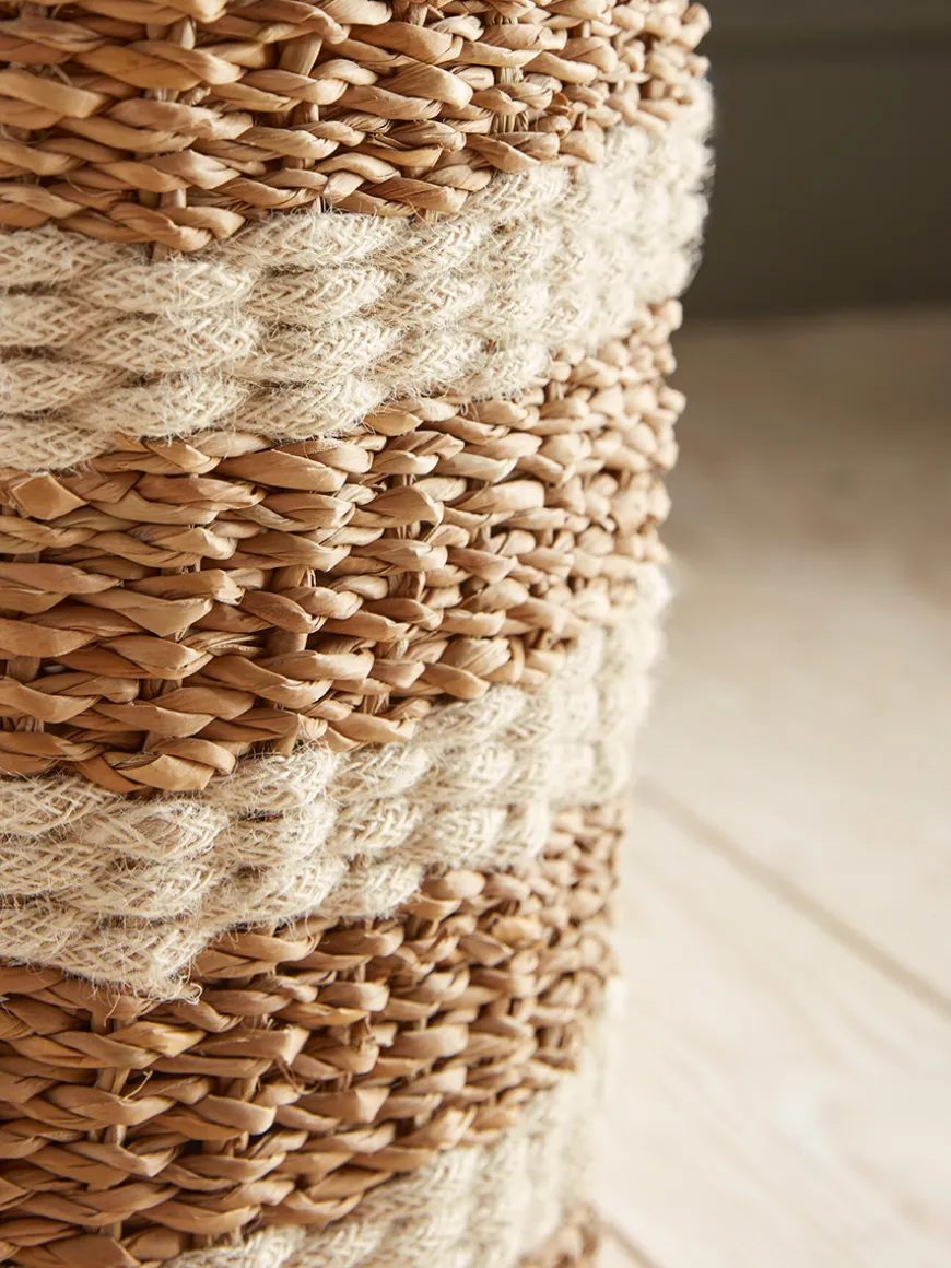Two Woven Striped Lidded Storage Baskets