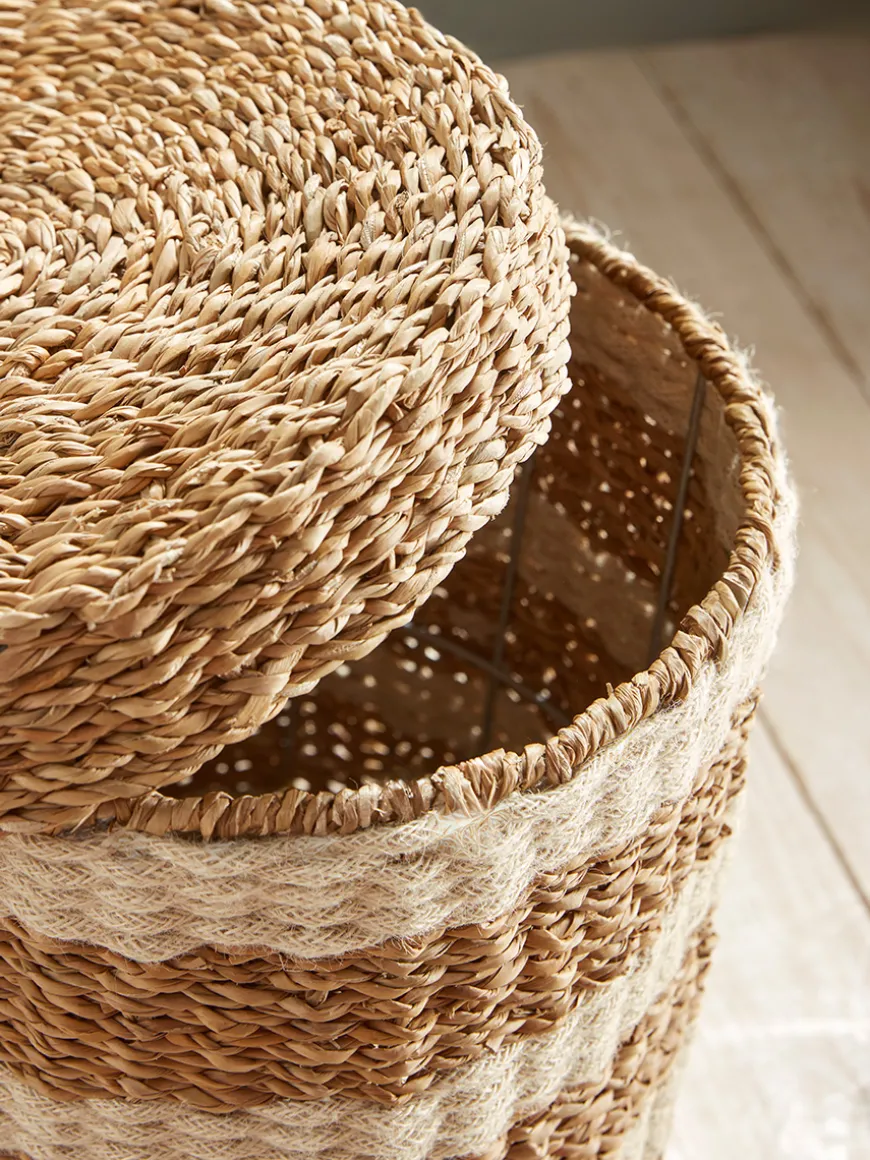 Two Woven Striped Lidded Storage Baskets