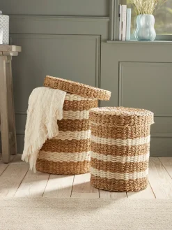 Two Woven Striped Lidded Storage Baskets