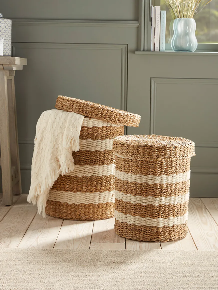 Two Woven Striped Lidded Storage Baskets